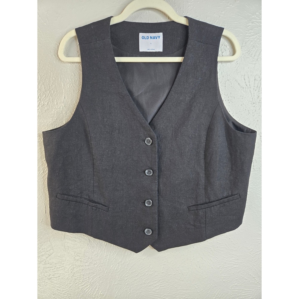 Old Navy Linen Blend Button Front Vest Black Relaxed Office Preppy Steampunk Top